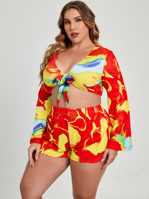 Plus Size Women's Summer Print Shorts Set - Oversized Long Sleeve