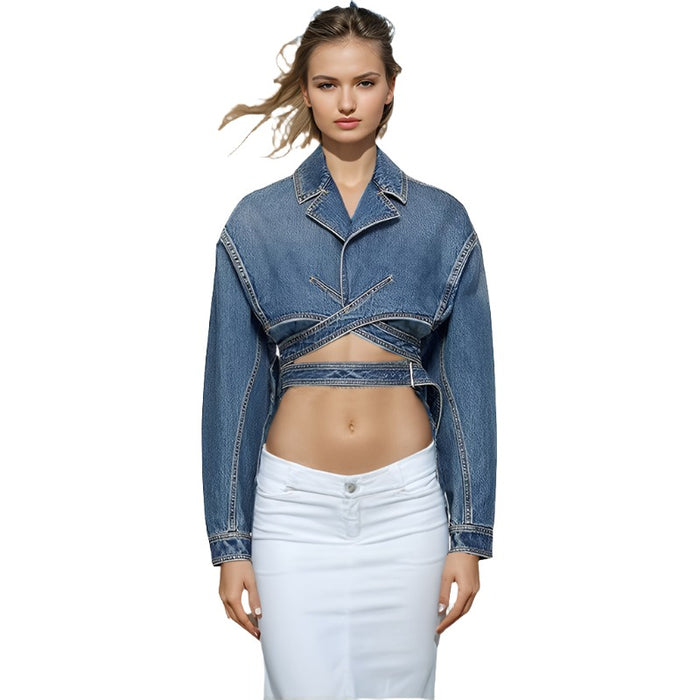 Women's Slimming Short Denim Jacket - Cross Layered Casual Design, Hollow Waist