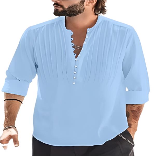 Men's Solid Cotton Button-Down Shirt - Casual Long Sleeve with Stand Collar