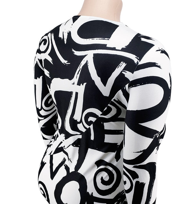 Plus Size Long Sleeve Round Neck Black and White Print Dress - Stylish Women's Fashion