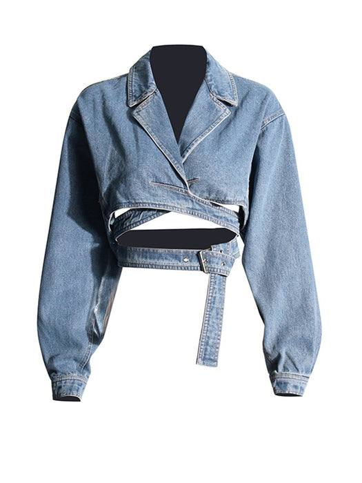 Women's Slimming Short Denim Jacket - Cross Layered Casual Design, Hollow Waist