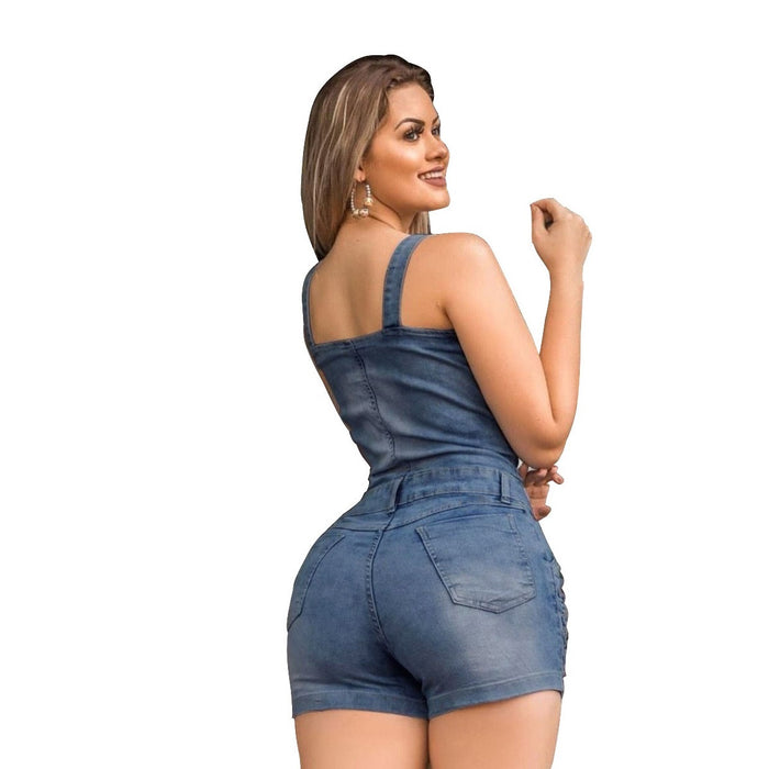 Denim Slim Fit Jumpsuit with White Spray Holes - Casual Denim Shorts Romper for Women