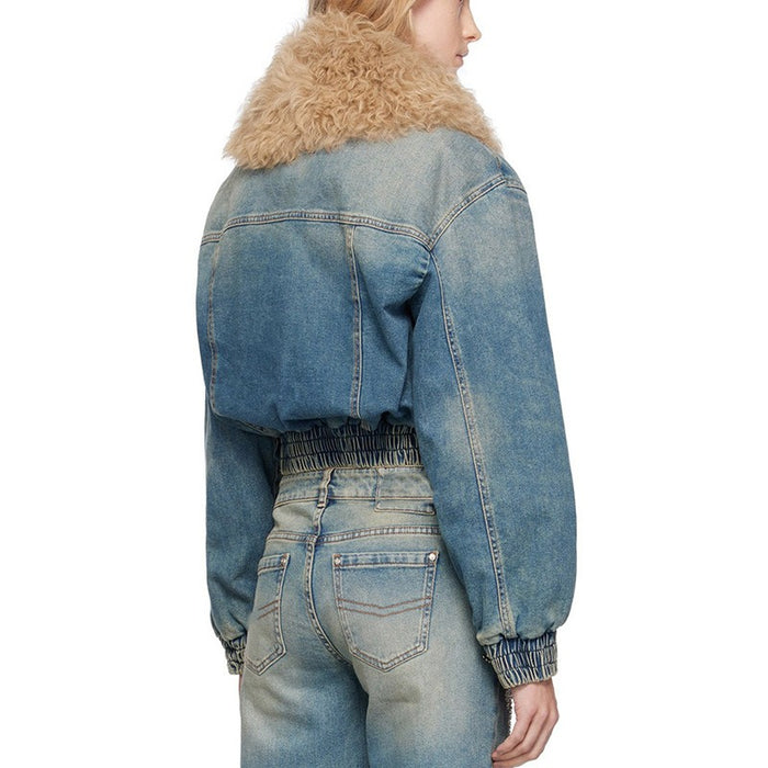 Detachable Fur Collar Denim Jacket - Versatile Cotton Top with Clip Closure