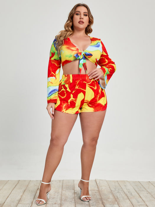 Plus Size Women's Summer Print Shorts Set - Oversized Long Sleeve