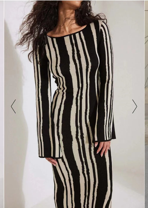 Striped Bodycon Sweater Dress - Flare Long Sleeve Casual Dress for Women