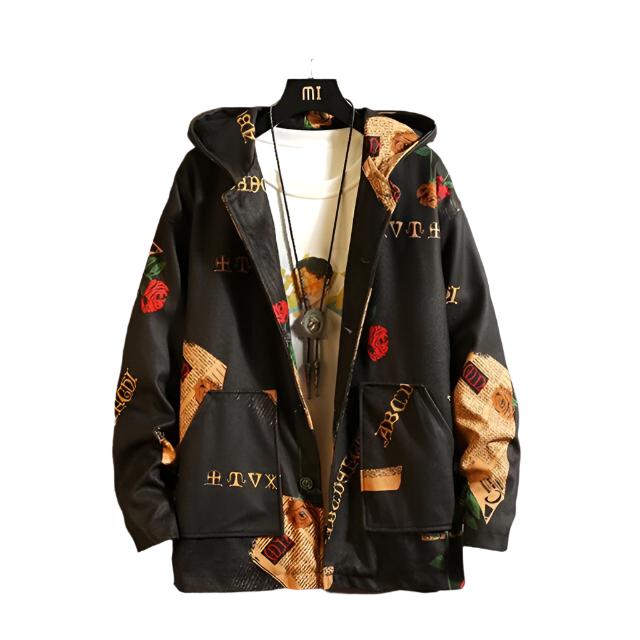 Men's Hooded Bomber Jacket - Streetwear Windbreaker with Funny Print, Korean Fashion