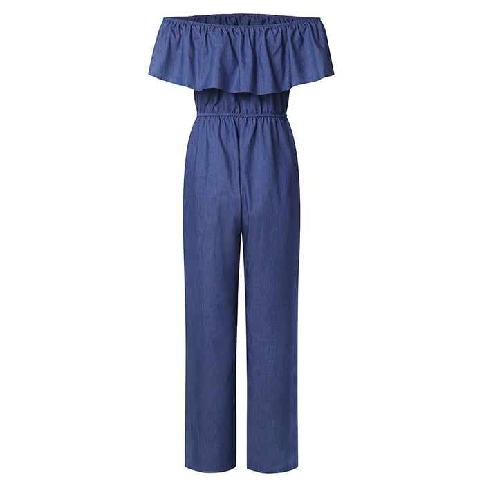 Plus Size Women's Solid Ruffle Trim Off Shoulder Jumpsuit with Pockets - Wide Leg