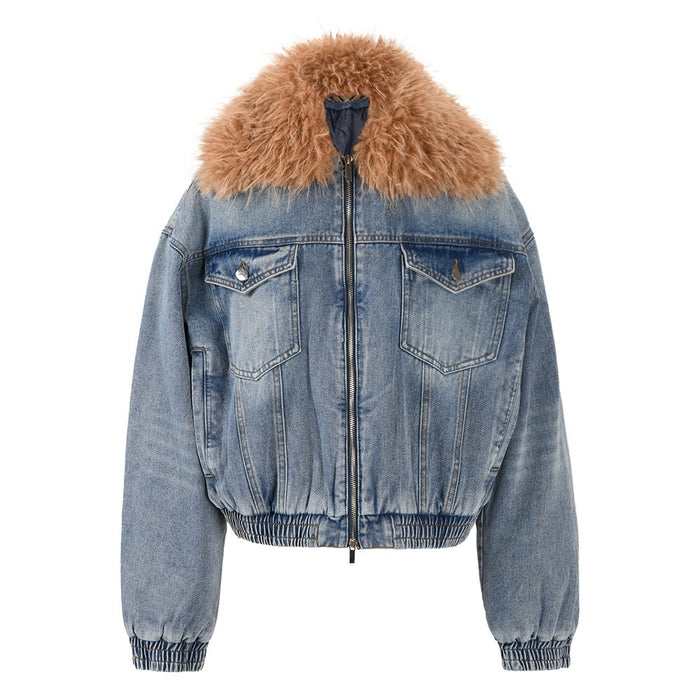 Detachable Fur Collar Denim Jacket - Versatile Cotton Top with Clip Closure