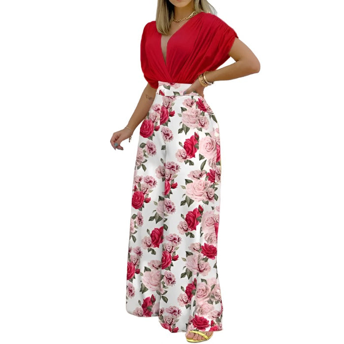 Women's Printed V-Neck Plunge Jumpsuit Set with Wide Leg - Formal Pants Set