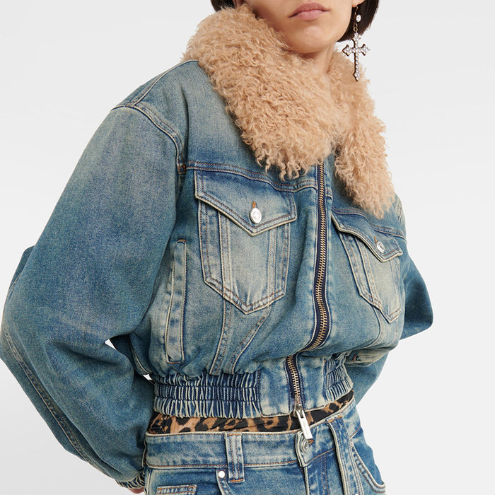 Detachable Fur Collar Denim Jacket - Versatile Cotton Top with Clip Closure