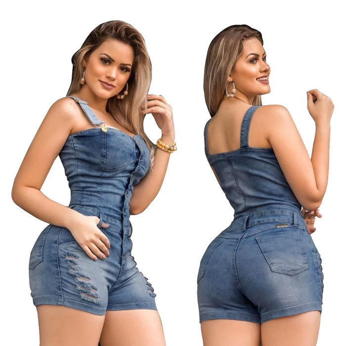 Denim Slim Fit Jumpsuit with White Spray Holes - Casual Denim Shorts Romper for Women