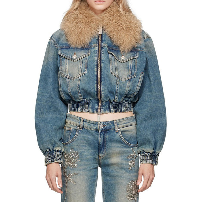 Detachable Fur Collar Denim Jacket - Versatile Cotton Top with Clip Closure