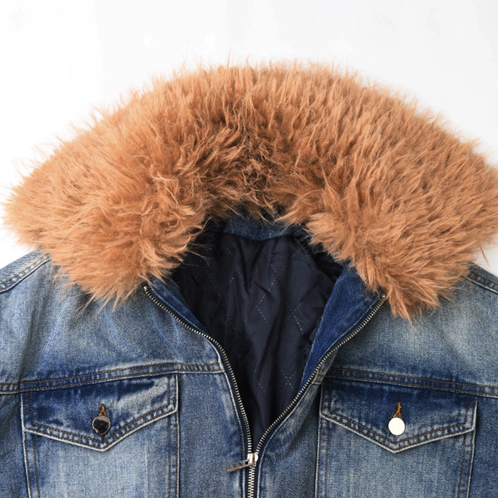 Detachable Fur Collar Denim Jacket - Versatile Cotton Top with Clip Closure