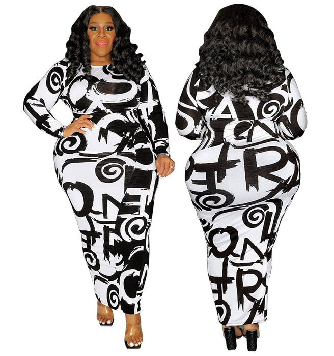 Plus Size Long Sleeve Round Neck Black and White Print Dress - Stylish Women's Fashion