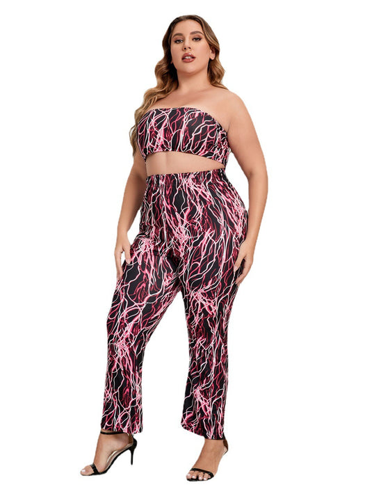 Plus Size Women's Sexy Red Summer Print Shorts Set - Oversized Long Sleeve