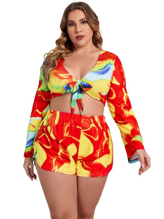 Plus Size Women's Summer Print Shorts Set - Oversized Long Sleeve