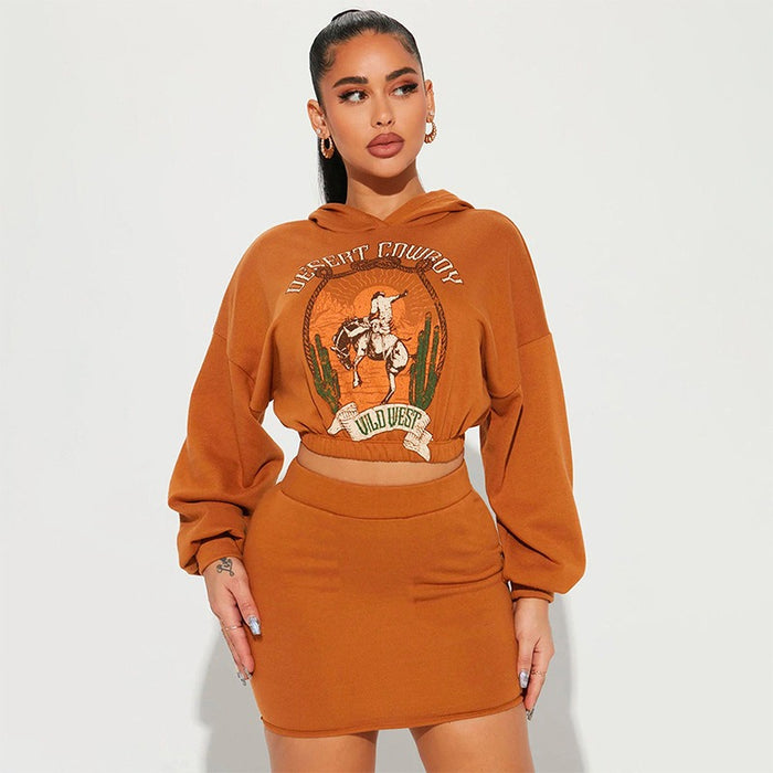 Women's Printed Hooded Sweatshirt with Casual Short Skirt