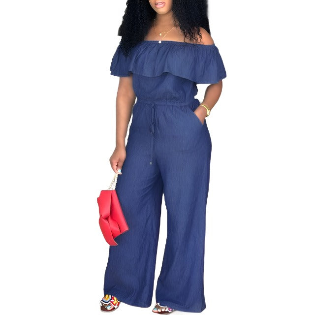 Plus Size Women's Solid Ruffle Trim Off Shoulder Jumpsuit with Pockets - Wide Leg