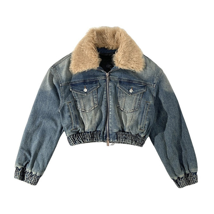 Detachable Fur Collar Denim Jacket - Versatile Cotton Top with Clip Closure