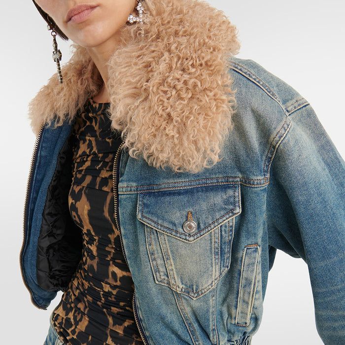 Detachable Fur Collar Denim Jacket - Versatile Cotton Top with Clip Closure