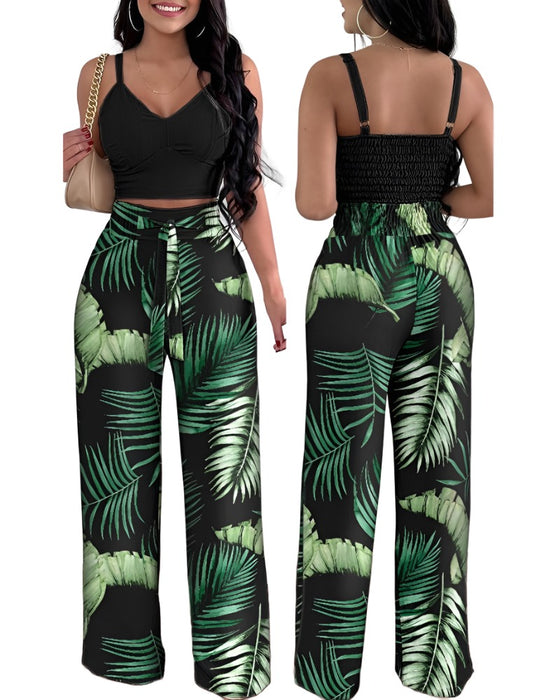 Two-Piece Women’s Pants Set - Sleeveless Crop Top with Wide Leg Trouser and Palm Leaf Print