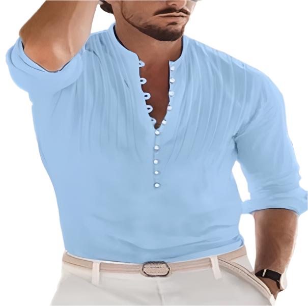 Men's Solid Cotton Button-Down Shirt - Casual Long Sleeve with Stand Collar