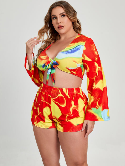 Plus Size Women's Summer Print Shorts Set - Oversized Long Sleeve