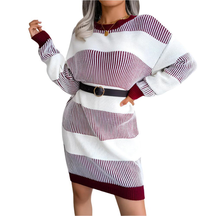 Women's Striped Knitted Wool Dress - Casual Loose Fit, Autumn/Winter Fashion