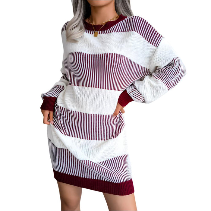 Women's Striped Knitted Wool Dress - Casual Loose Fit, Autumn/Winter Fashion