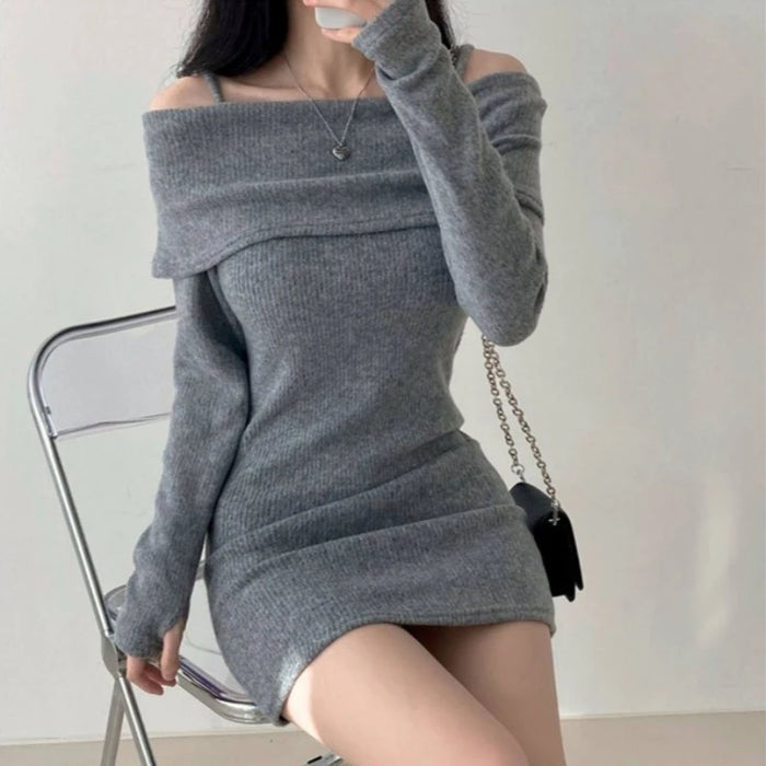 Women Slash Neck Knitted Bodycon Dress off Shoulder Sexy Slim Dress Solid Streetwear Pullover Dresses Women 2024 Spring